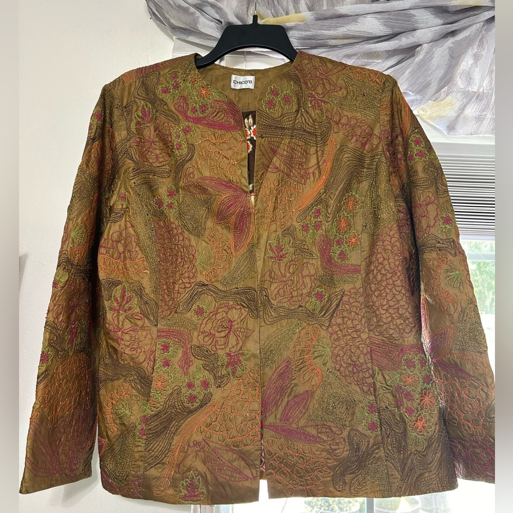 Vintage Chico’s Indian Kashida Crewel Embroidery GREEN Art-Wear Floral Jacket